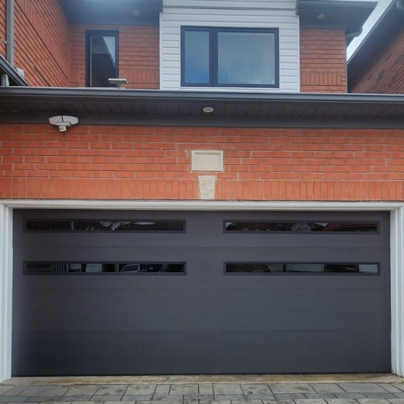 black garage door with windows